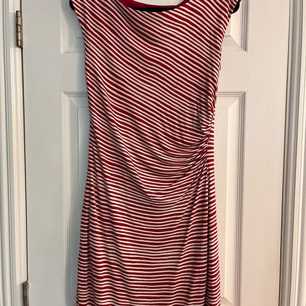 LOFT Red and Cream Sheath Midi Dress Cap Sleeve